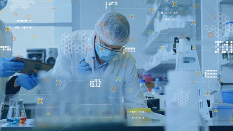 animation of network of connections over caucasian male scientist in laboratory