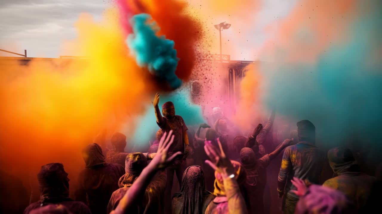 Scena vibrante di un festival ripresa dall'alto, che mostra una folla che lancia gioiosamente coriandoli colorati.