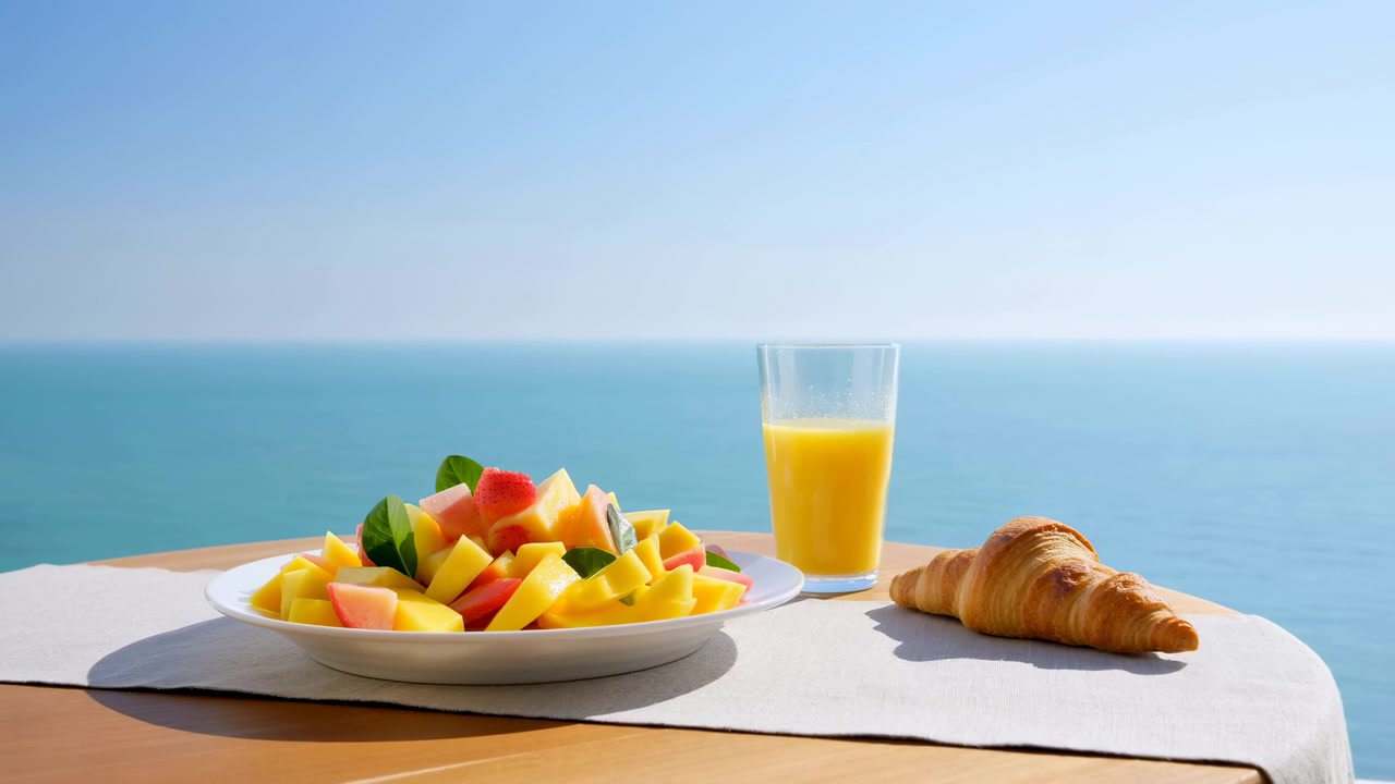 Frokost ved sjøen, frisk fruktfat, croissant med et glass appelsinjuice på bord med utsikt over rolig turkist vann