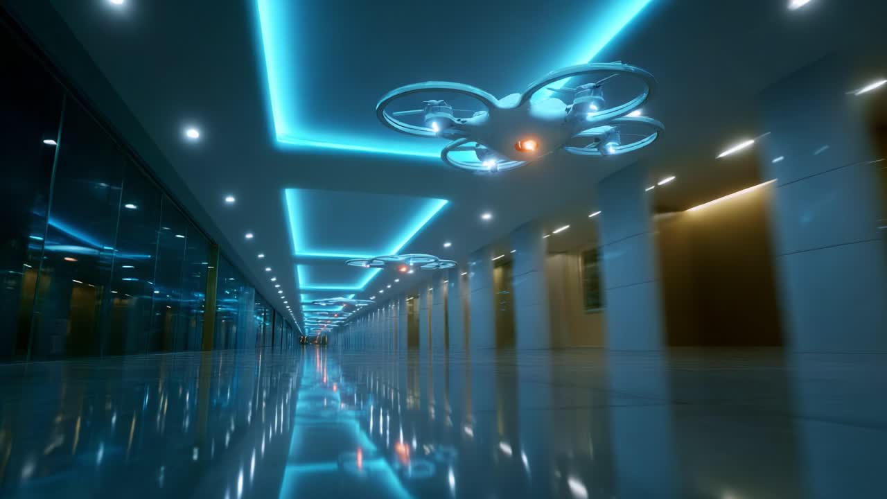 An Eye-Catching Aerial Adventure: A Futuristic Drone Gliding Through a Sleek, Illuminated Corridor Highlighted by Modern Architecture and Reflective Surfaces, Showcasing Advanced Technology in Motion