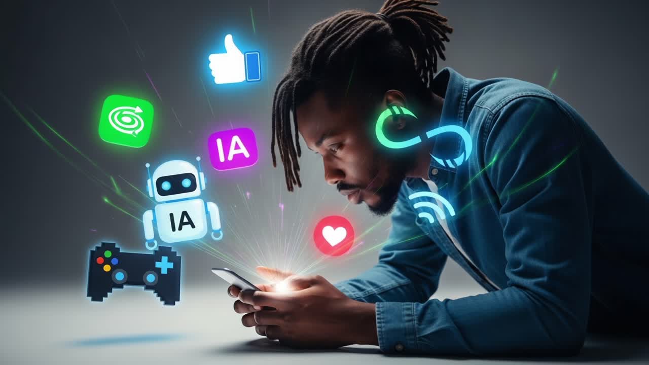 Engaging with Technology: A Man Interacting with a Smartphone Surrounded by Colorful Digital Icons Representing Social Media, AI, and Gaming