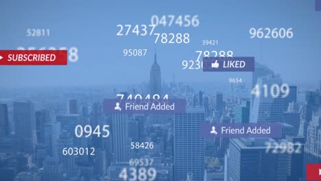 Animación-De-Números-Cambiantes-E-íconos-De-Redes-Sociales-Flotando-Contra-La-Vista-Aérea-Del-Paisaje-Urbano