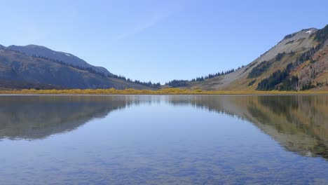 perfect reflection of mountains during autumn on still water of a lake