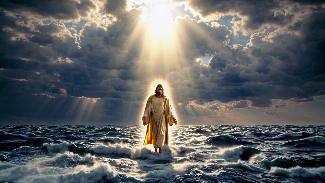 Figure walking on turbulent waters, illuminated by radiant light breaking through dark storm clouds, showcasing a powerful and serene moment of divine presence