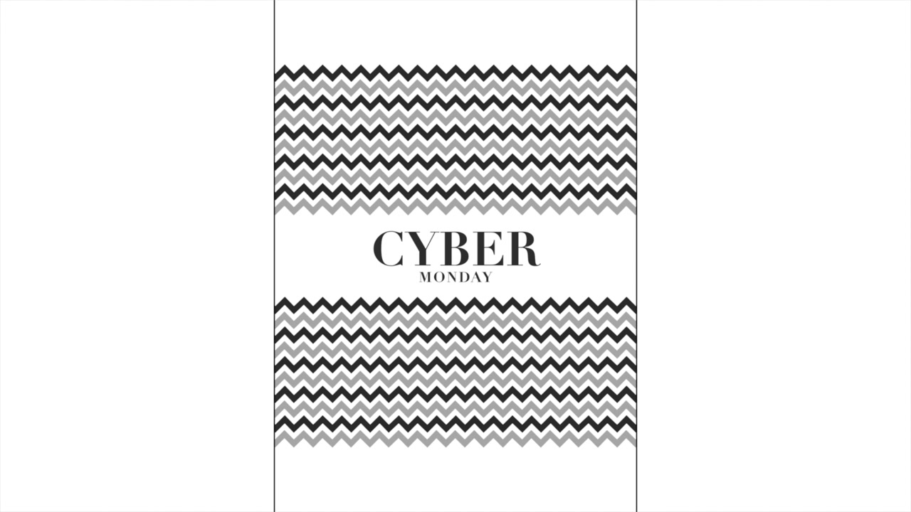 Animations introduktionstekst Cyber Monday på hvid mode- og minimalismebaggrund med geometriske sorte bølger
