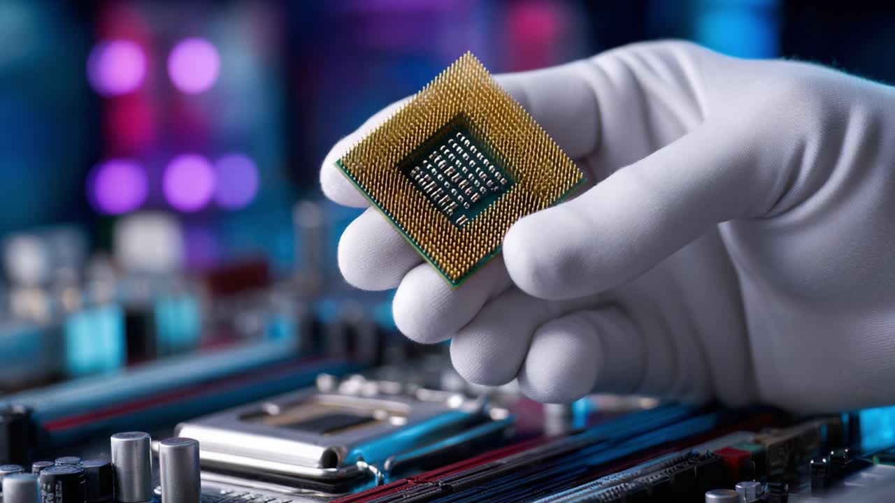 An advanced microprocessor being carefully handled by a technician in a high-tech environment, showcasing intricate details and modern design elements in electronics manufacturing and assembly