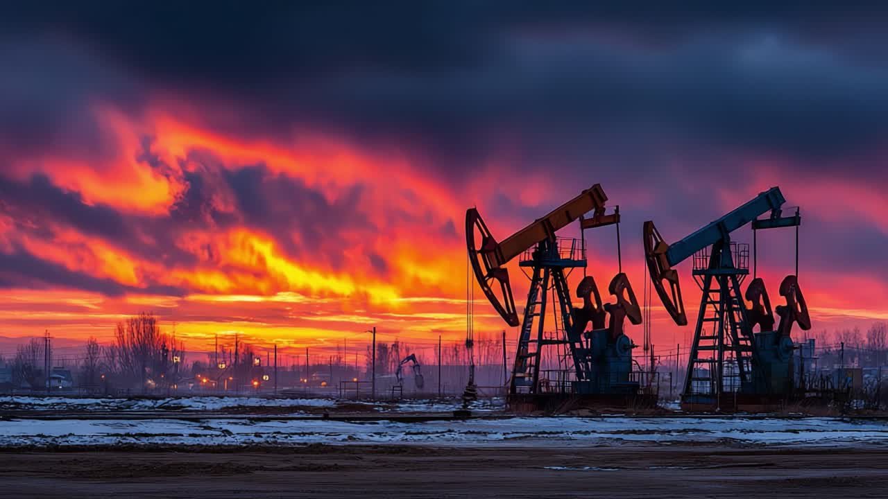A Vibrant Sunset Over Oil Pump Jacks: Capturing the Dynamic Contrast Between Industry and Nature's Beauty in a Striking Urban Landscape