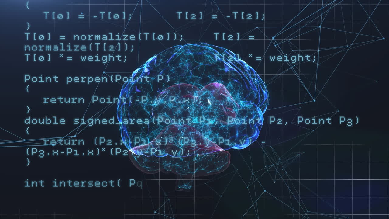 Animation of glowing human brain with digital interface data processing