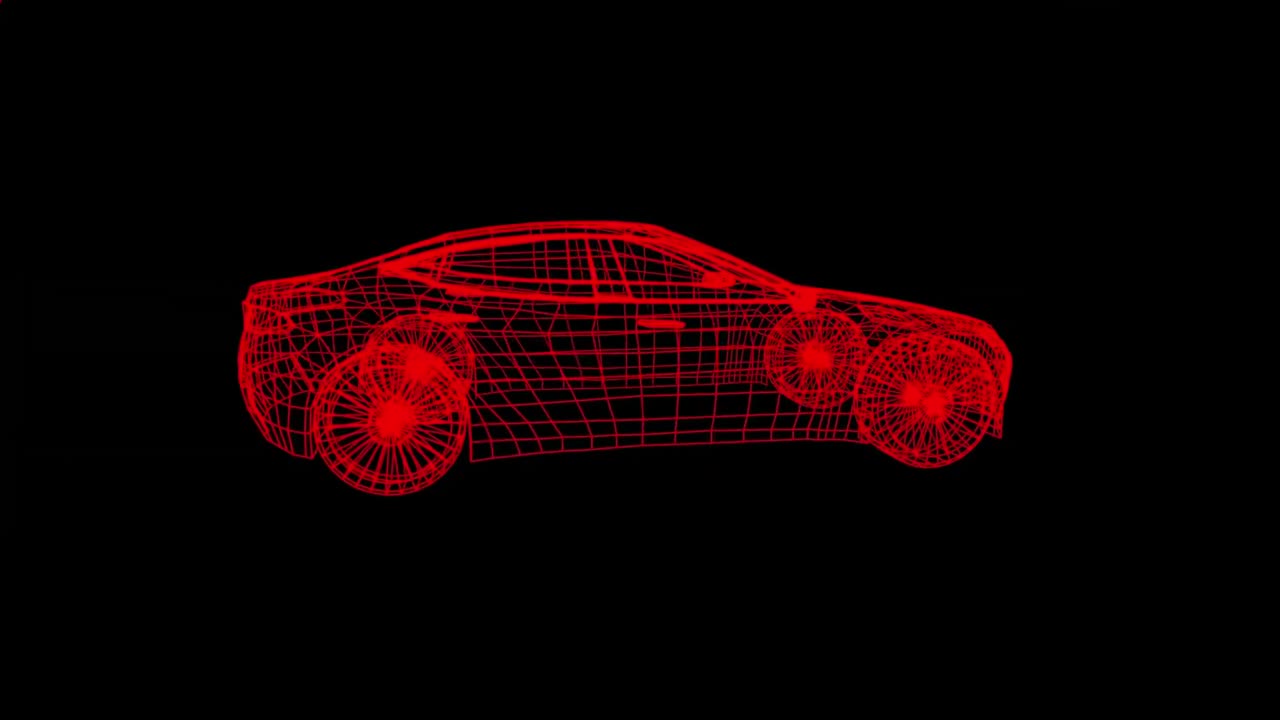 검은 바탕에 회전하는 3d 자동차 드로잉의 애니메이션