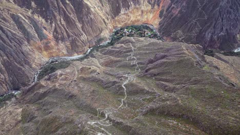 aerial looks directly down onto sangalle oasis in colca canyon of peru