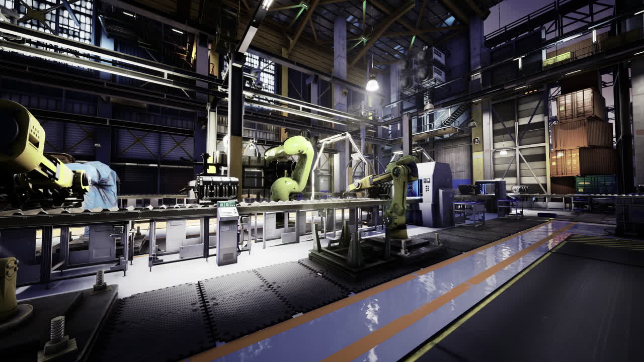Modern industrial facility with robotic arms and assembly line operations