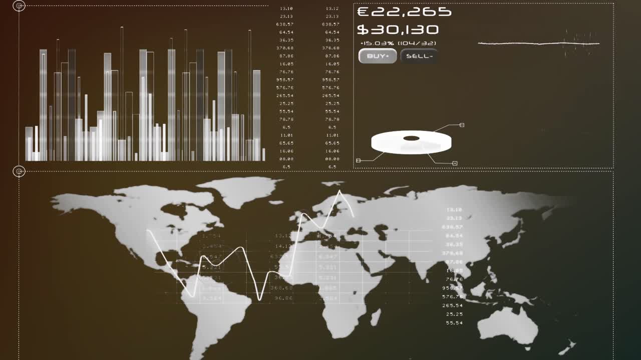 Animation of graphs, currency symbols, soundwaves and map against abstract background