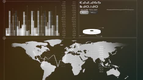 animation of graphs, currency symbols, soundwaves and map against abstract background
