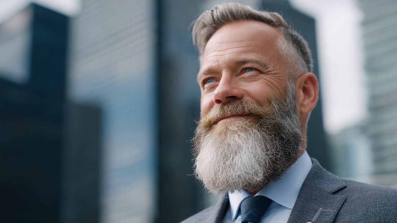A Confident Businessman in a Suit with a Beard Smiling Against a Modern Urban Background, Reflecting Success and Professionalism Amidst Tall Buildings