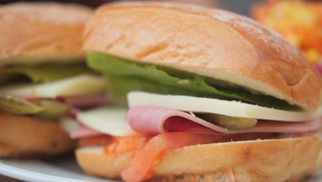 close-up of ham and cheese sandwiches