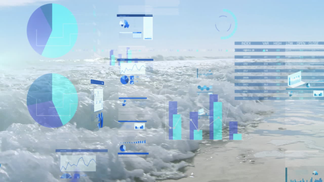 바다의 파도가 모래 해변에 부히는 그림과 그래프 애니메이션