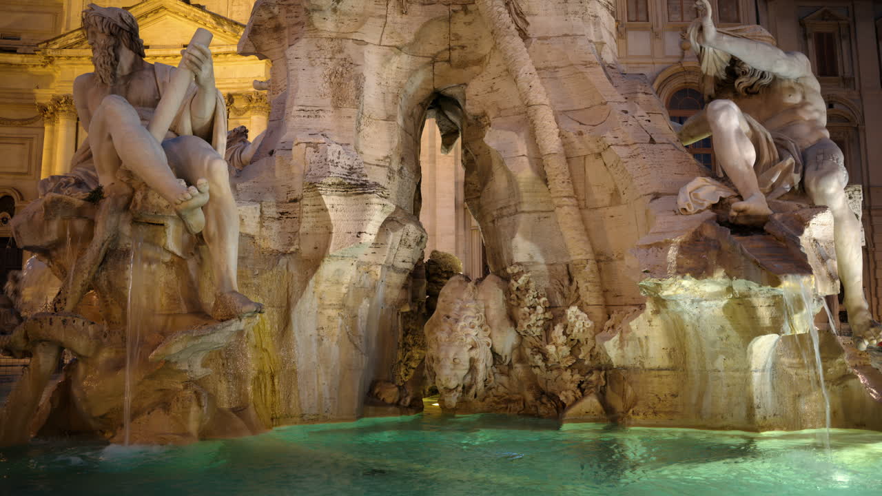 Fountain of the Four Rivers located in Navona square. Rome city square at sunset. Italy