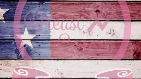 animación del logotipo de cinta rosa con texto de cáncer de mama sobre la bandera de los estados unidos