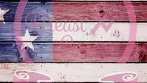 animation of pink ribbon logo with breast cancer text over usa flag