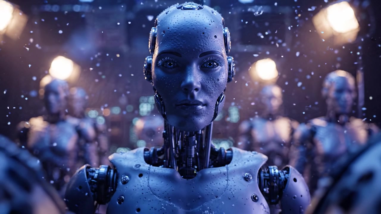 Un robot umanoide avanzato con caratteristiche complesse e un ambiente tecnologico, circondato da più robot, che mostra emozione e potenziale in un contesto futuristico