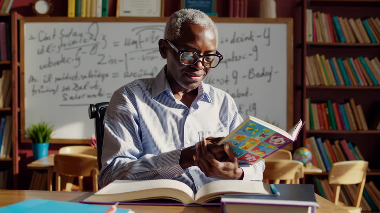 Teacher Reading a Book in a Classroom