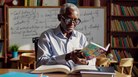 teacher reading a book in a classroom