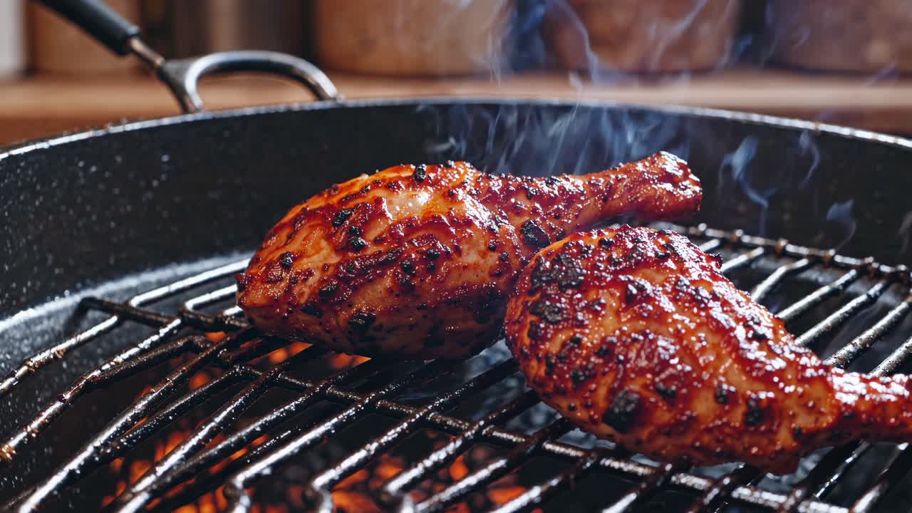Close-up video shot of grilled chicken legs on a barbecue, capturing the smoky texture and sizzling