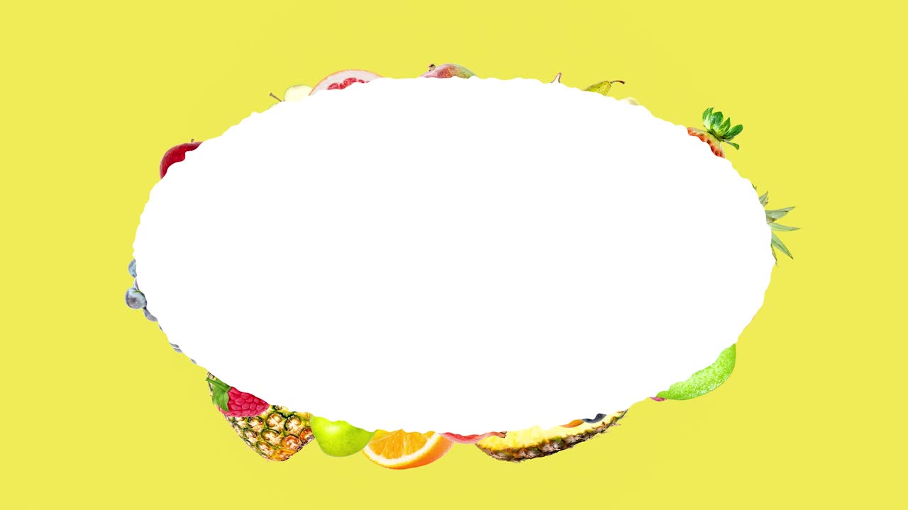 animación creativa de stop motion de muchas frutas diferentes volando desde el centro y desacelerando alrededor de un hermoso marco ovalado con espacio para texto y volando rápido. explosión de frutas en un amarillo.