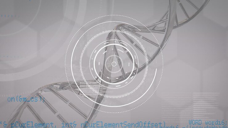 DNA, floating white rings and blue data on grey