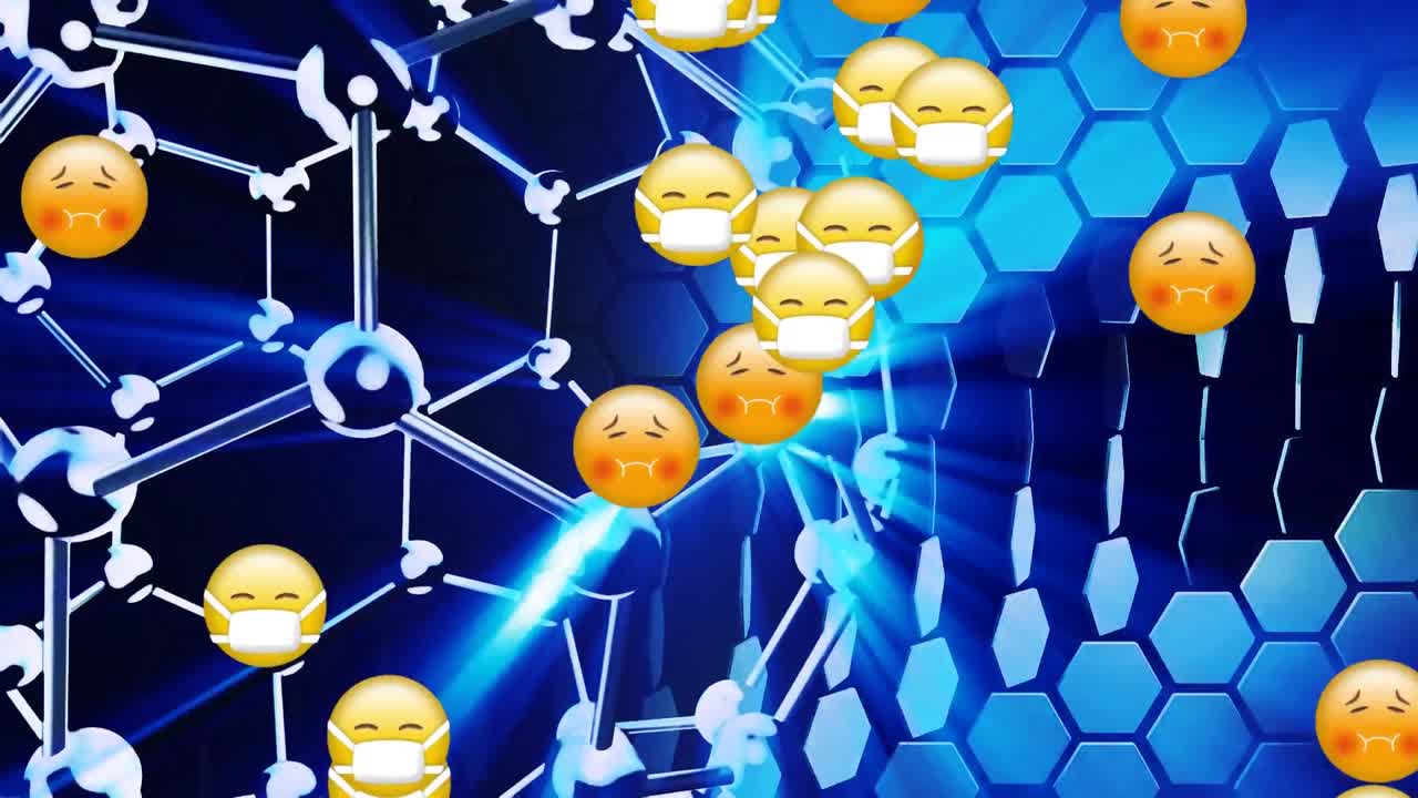 푸른 바탕에 연결된 공 위에 떨어지는 이모티콘의 애니메이션입니다.