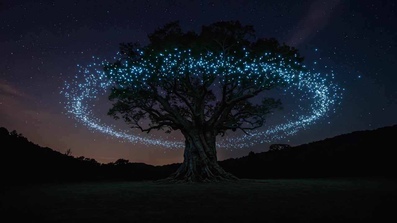 A Majestic Tree Illuminated by Circles of Starlight: A Journey Through a Magical Nighttime Landscape Captured Under the Celestial Dome