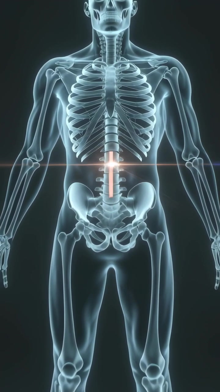 Vertical video: Emitting chest light, model glowing for lab study as camera zooming to lumbar spine