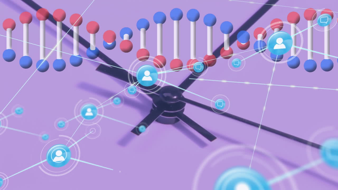 사람과 연결된 네트워크의 애니메이션, 시계 위의 아이콘, dna 스트랜드 회전