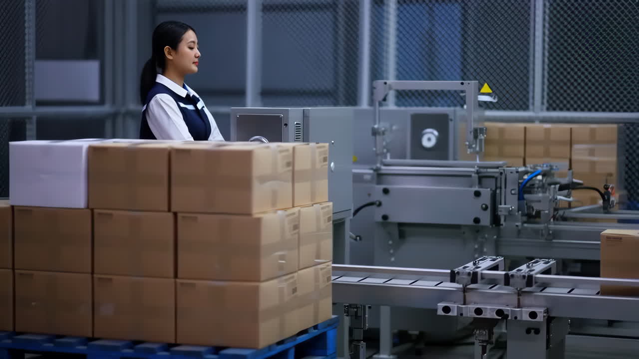 Woman overseeing operations in a warehouse with boxes and machinery