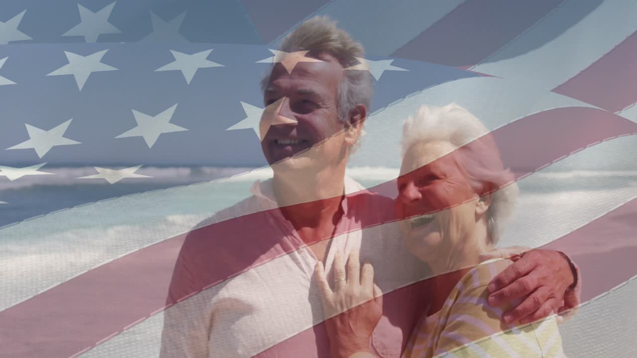 미국 국기 위에서 해변에서 포옹하는 행복한 고등 백인 커플의 애니메이션