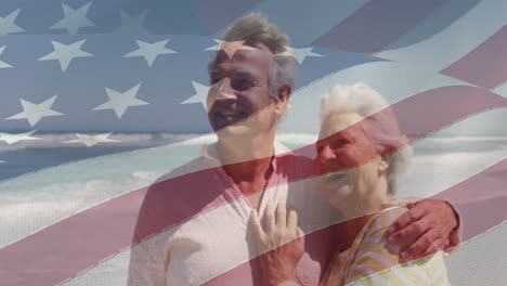 Animation-of-happy-senior-caucasian-couple-embracing-on-beach-over-flag-of-united-states-of-america