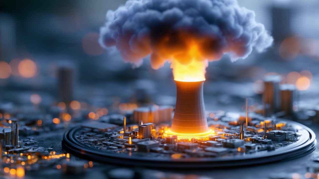 Dramatic Visualization of a Nuclear Reactor Erupting with Fiery Fumes and Smoke, Captured in Two Striking Frames Highlighting the Intensity of an Unexpected Catastrophic Event