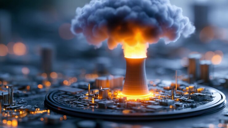 Dramatic Visualization of a Nuclear Reactor Erupting with Fiery Fumes and Smoke, Captured in Two Striking Frames Highlighting the Intensity of an Unexpected Catastrophic Event