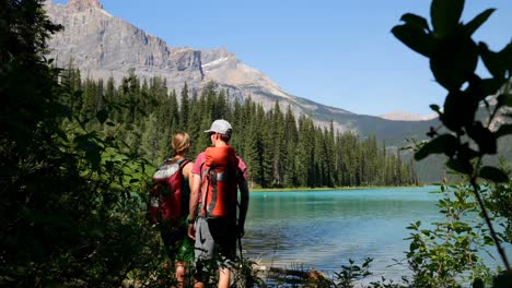 rear view of young caucasian hiker couple with backpack standing near riverside in the forest 4k