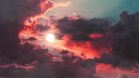 cumulus clouds and sun that shines at sunrise or sunset moving across the blue sky