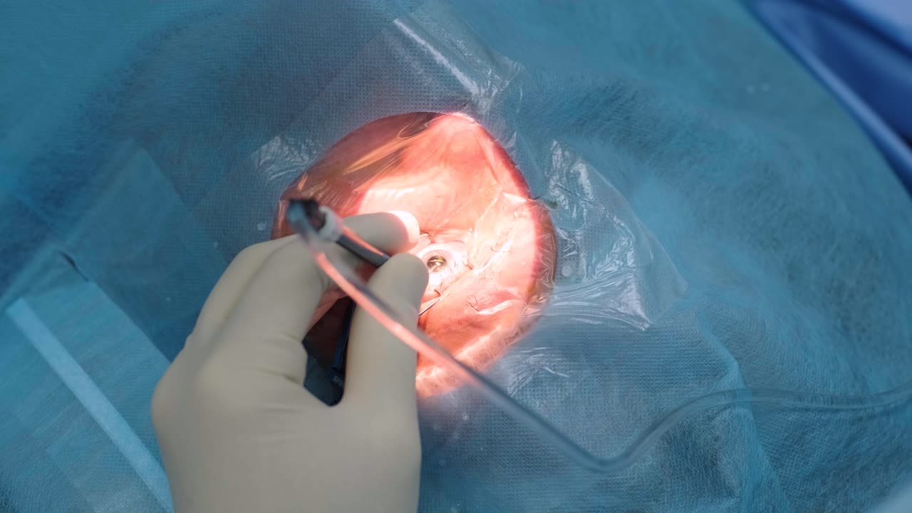 현미경 앞에 앉아서 수술을 하는 눈과 외과 전문의, 고정도 수술을 수행하는 여성 의사에 대한 낮은 각도 시야, 토 레이저 보조 백내장 수술.