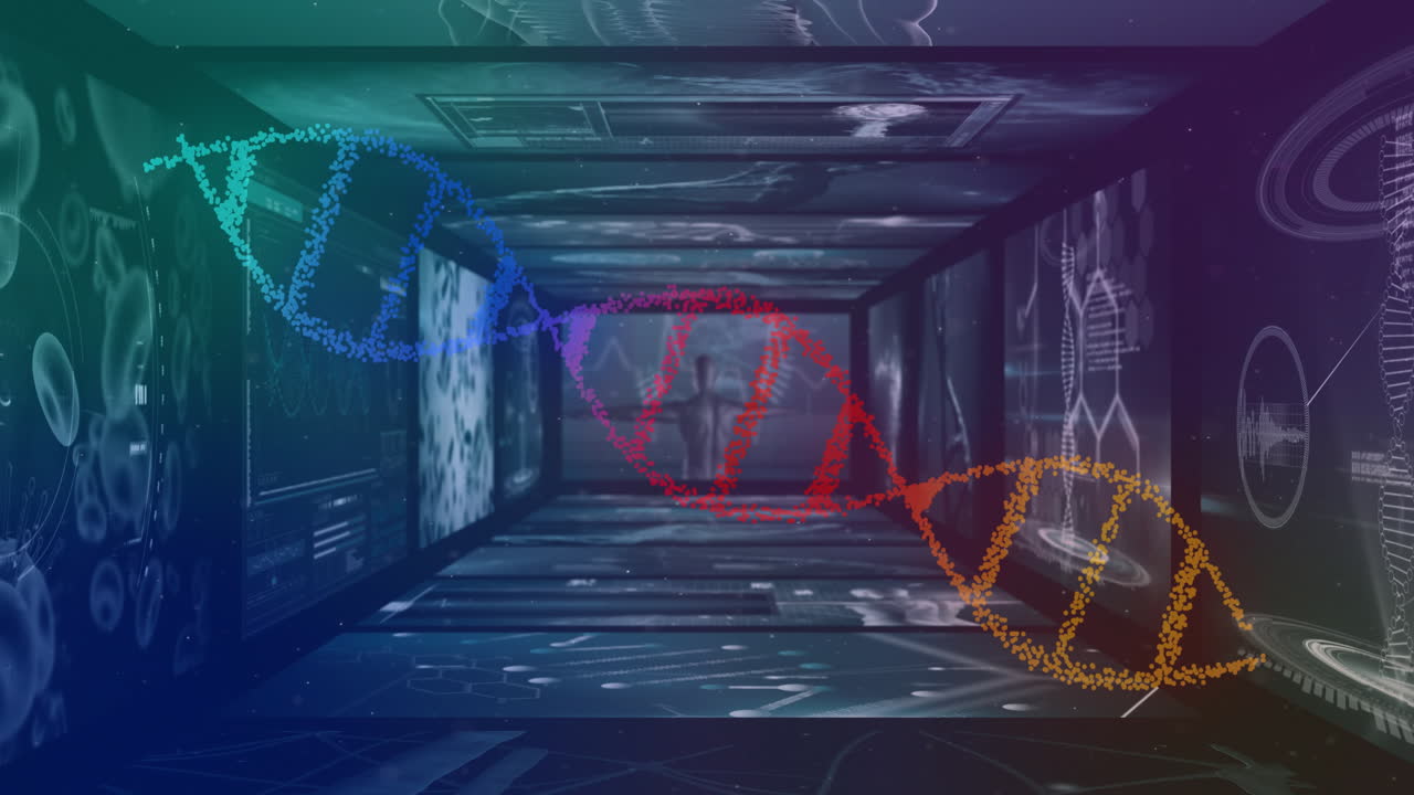 미래의 실험실 배경에 대한 dna 스트랜드 및 과학 데이터 처리 애니메이션