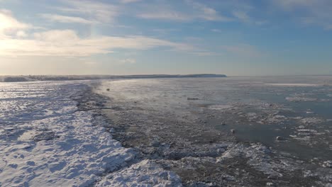 Amplio-Dron-De-Reenvío-Disparado-Sobre-Un-Gran-Cuerpo-De-Agua-Congelada-Con-Nieve-En-La-Parte-Superior,-Hermoso-Cielo