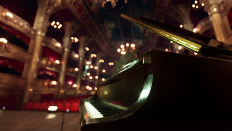 grand piano on stage in an empty concert hall