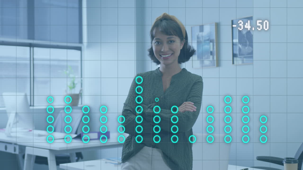 Animation of data processing over biracial businesswoman at office