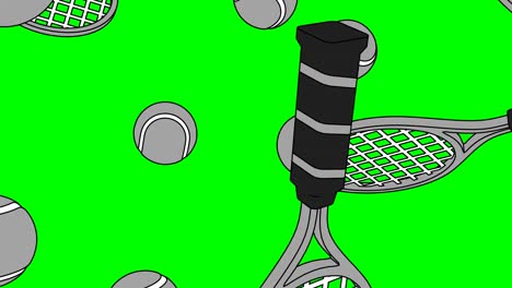 toon style gray tennis balls and tennis rackets on green chroma key background.