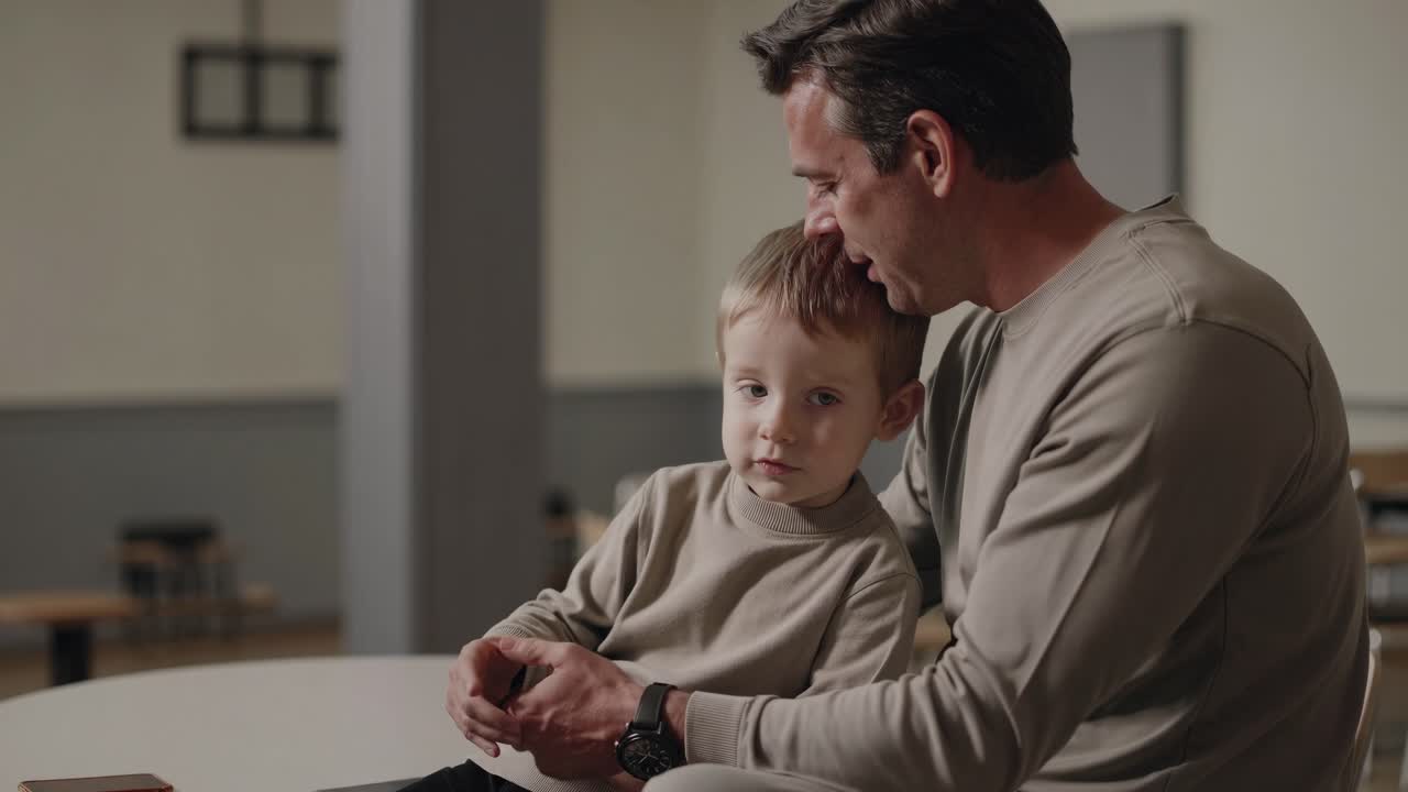 Father comforting and calming his young son while sitting on his lap in a restaurant, sharing a tender moment filled with affection, care, and emotional connection during family time