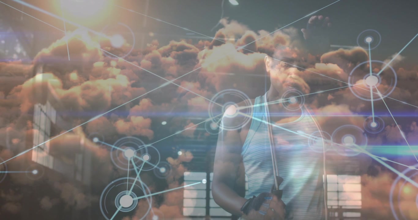 Animazione di una rete di connessioni su un uomo che usa lo smartphone