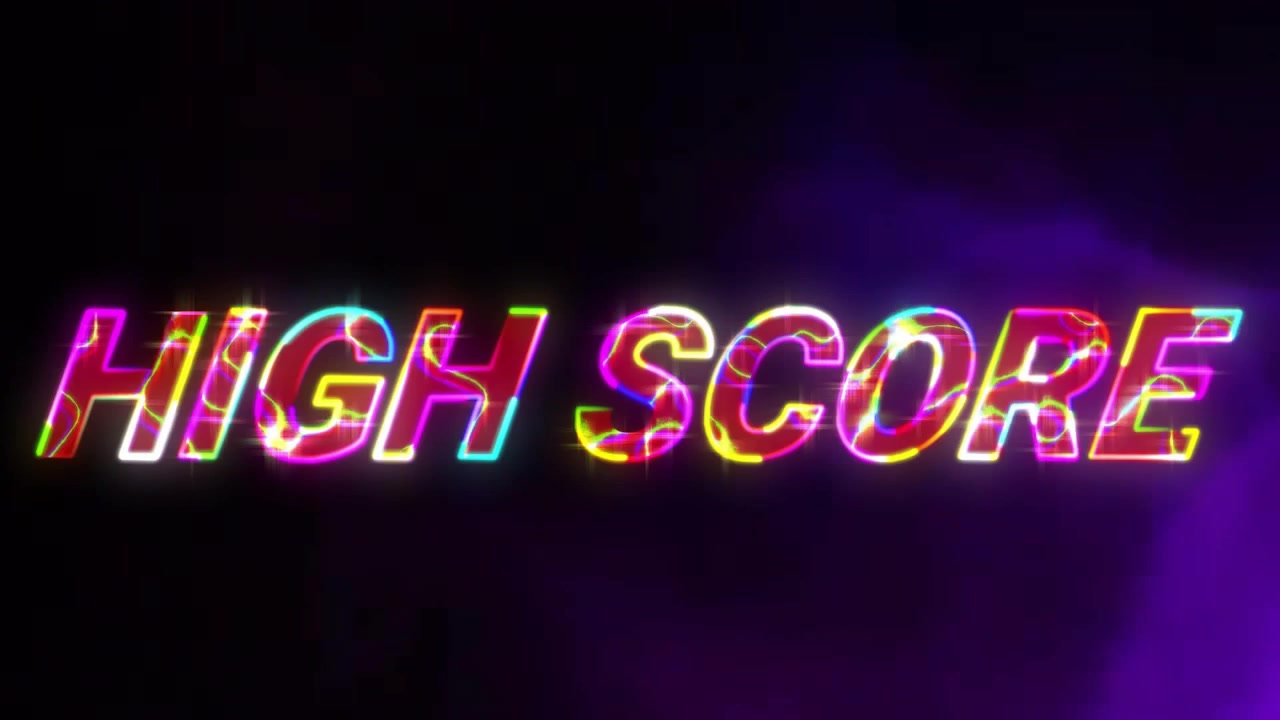 Testo 'HIGH SCORE' luminoso in stile glitch arcobaleno neon, che fluttua su un vuoto nero con foschia viola