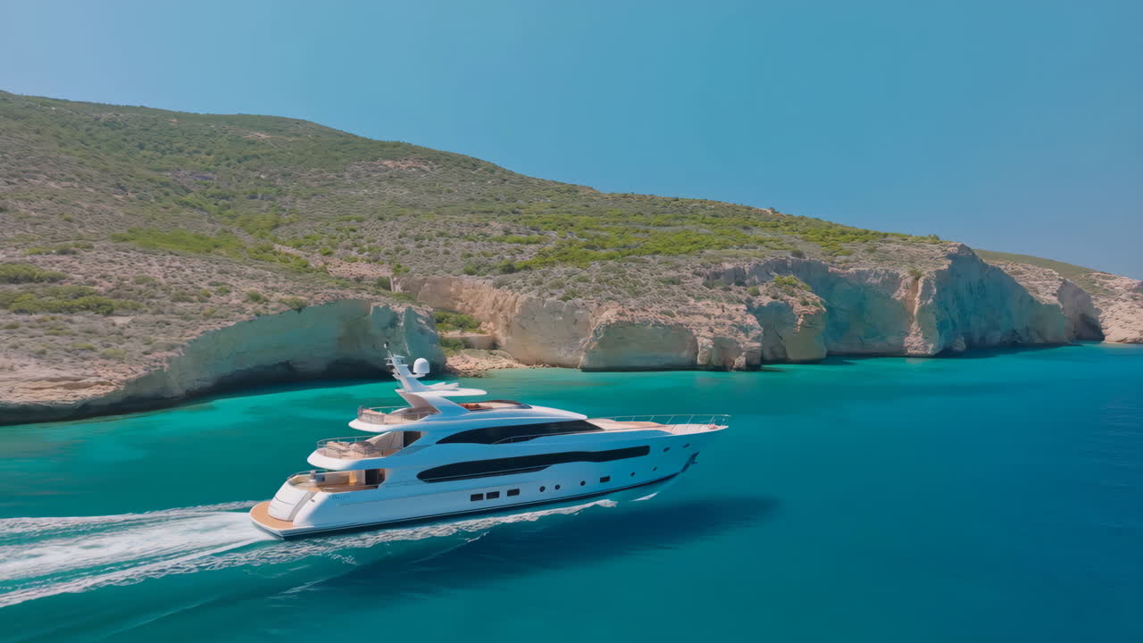 Luxury Yacht Sailing in Turquoise Waters Along a Scenic Coast